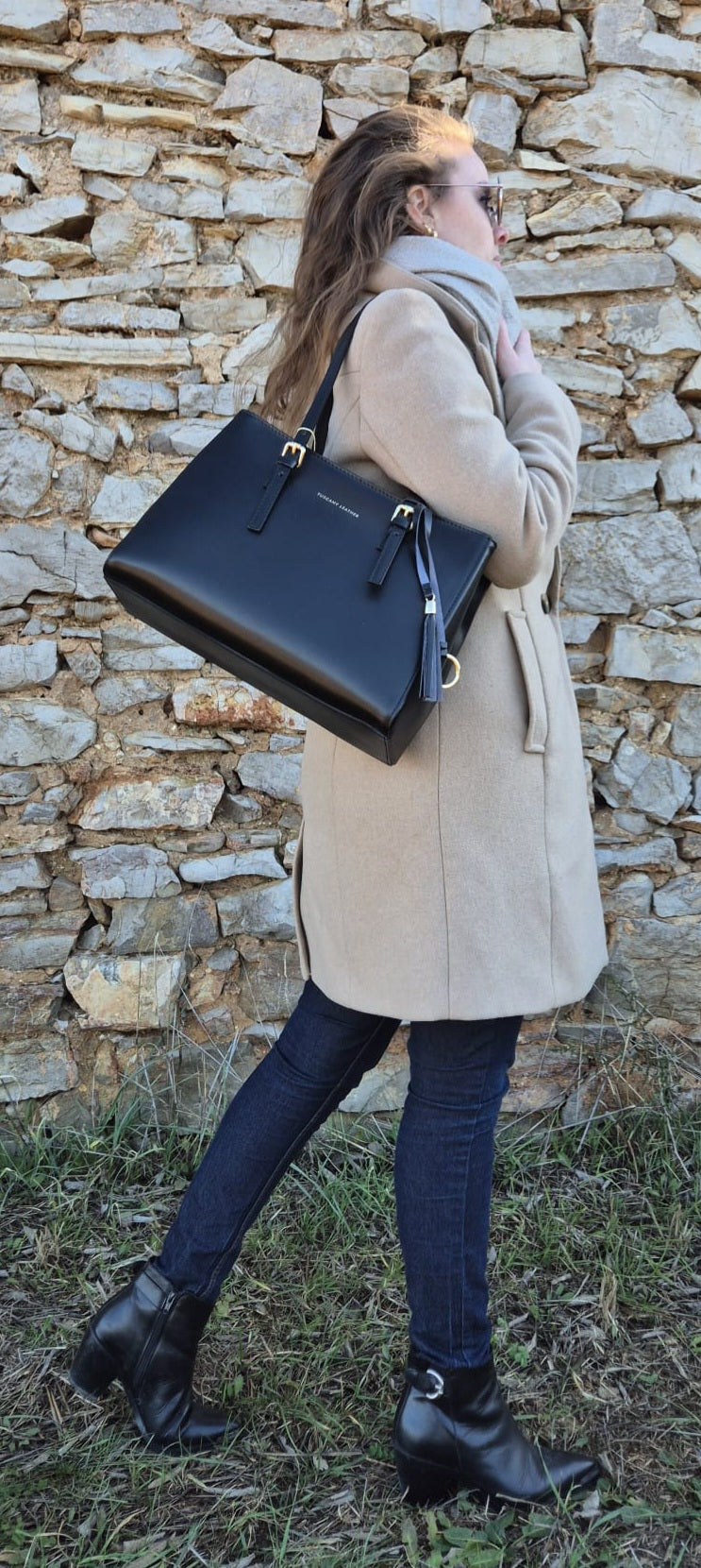 Sac Shopper TL BAG noir en cuir italien   porté